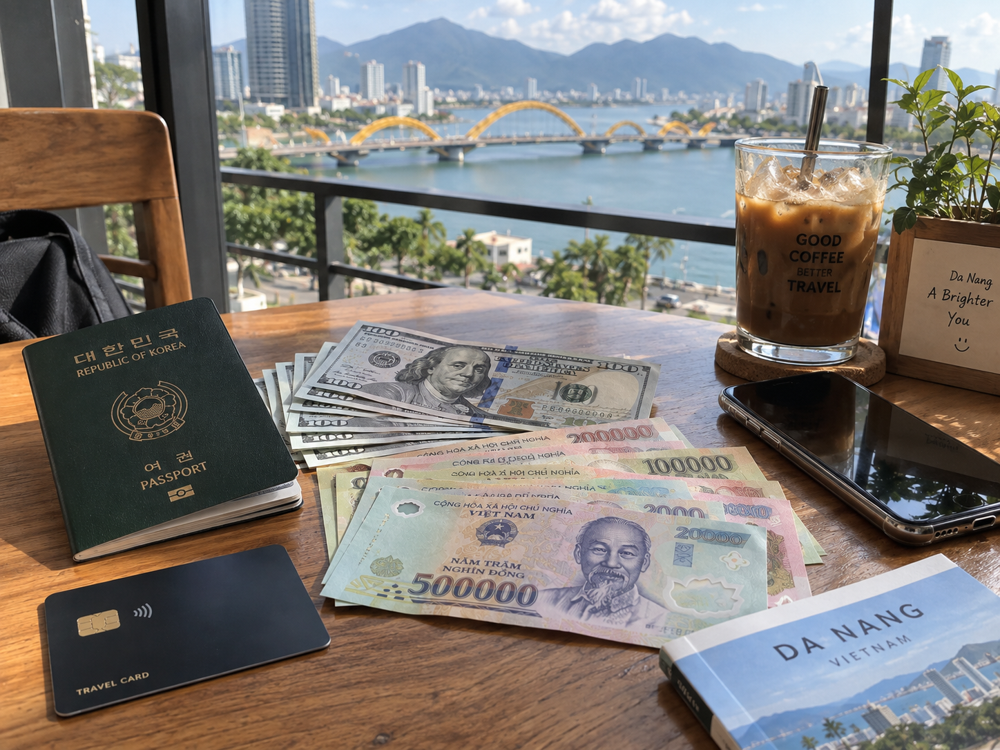 Da Nang money exchange with USD, Vietnamese dong, passport and travel card