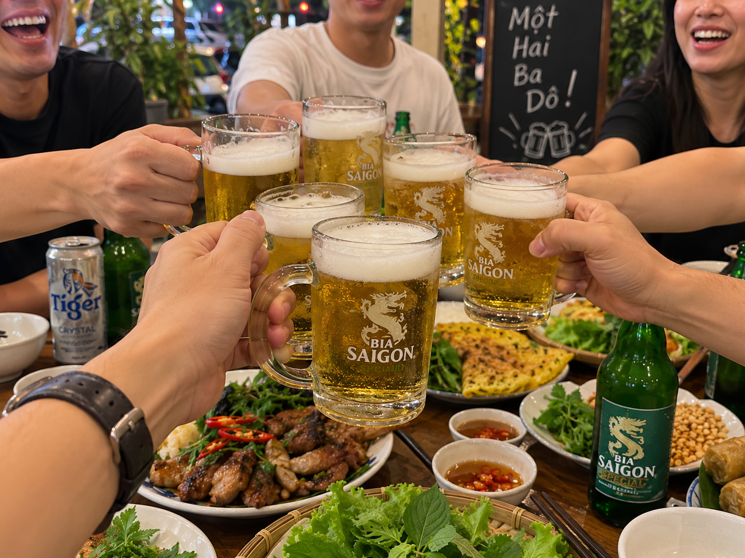 Vietnamese beer toast during a group dinner in Da Nang