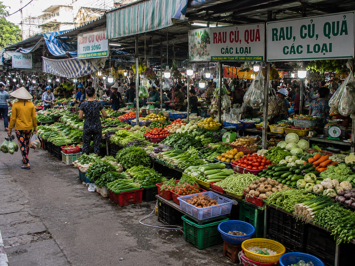 Fresh vegetable and produce stalls at a local market in Vietnam