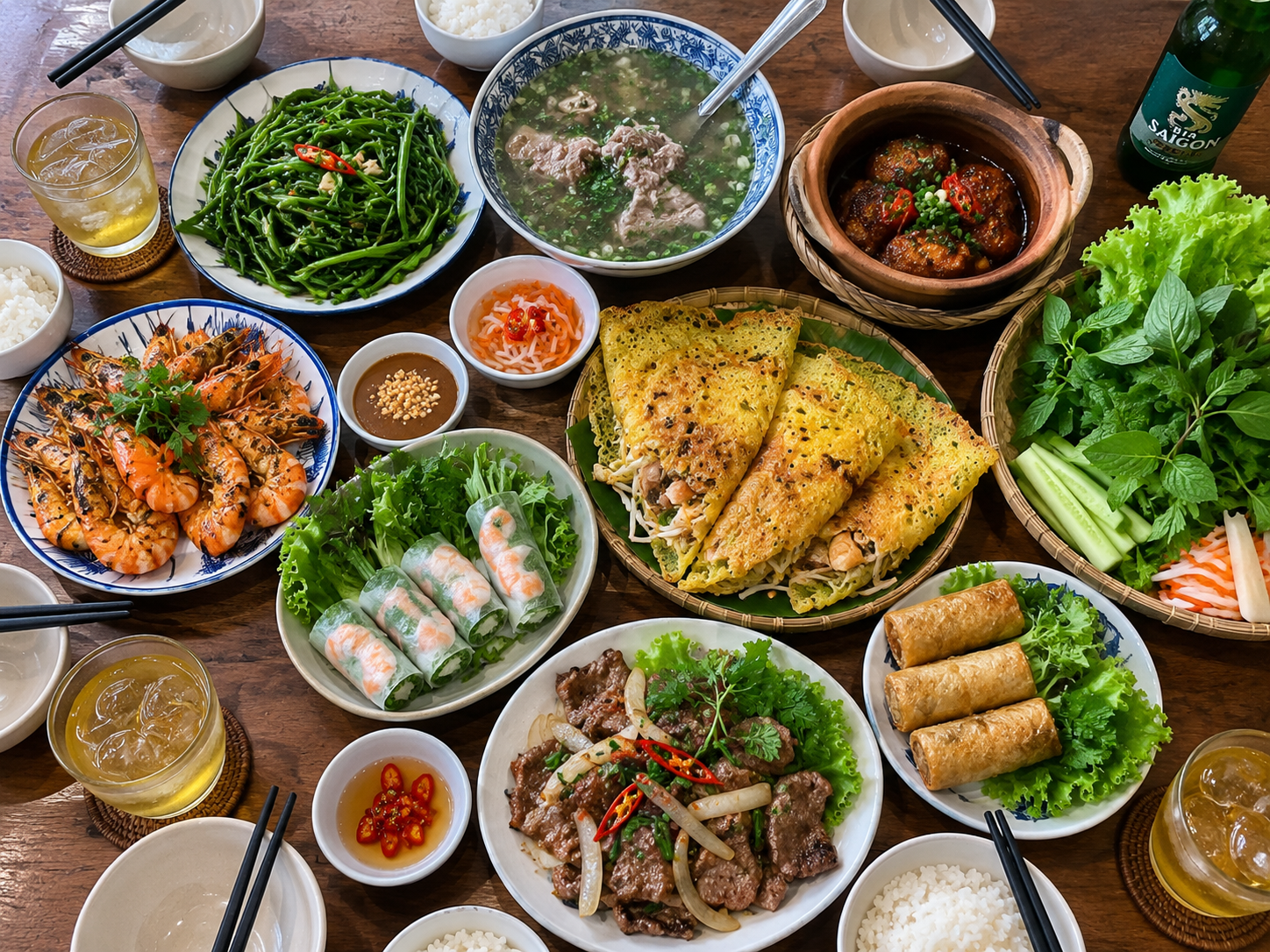 Shared Vietnamese dishes served in the center of a dining tabl