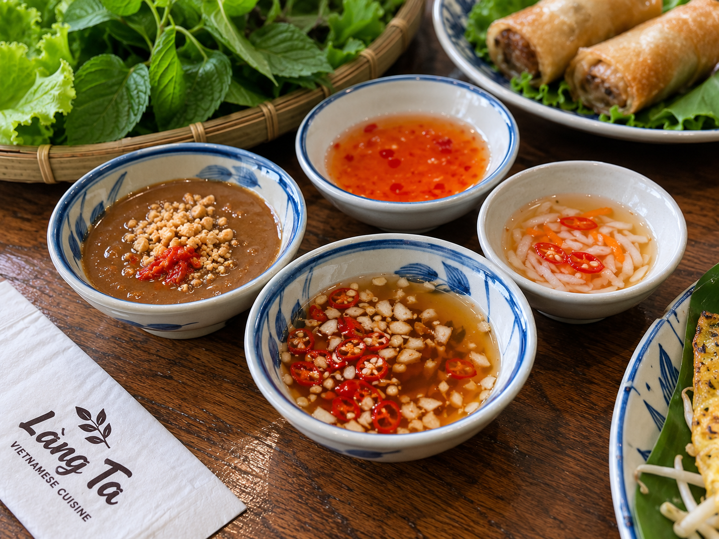 Vietnamese dipping sauces including fish sauce with garlic and chili