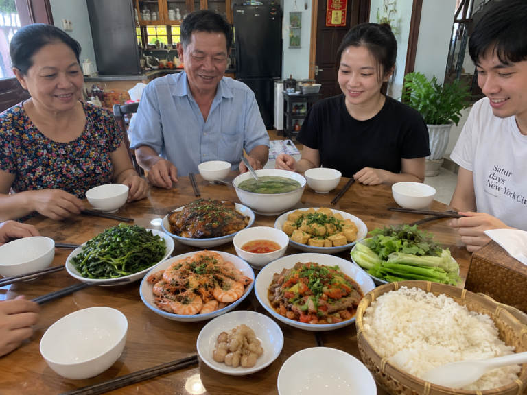 Vietnamese family meal with rice and shared dishes