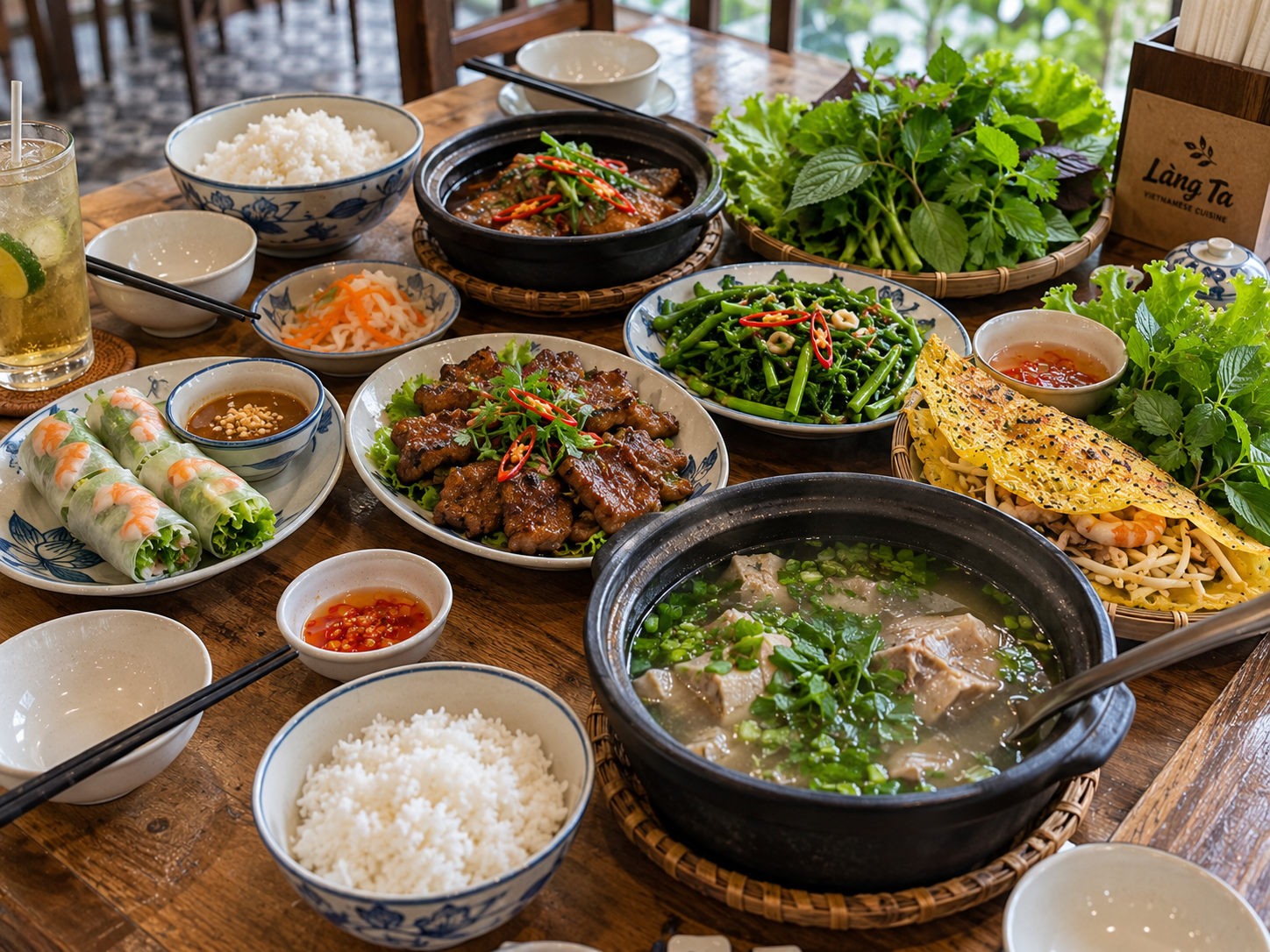 Traditional Vietnamese dining table with rice vegetables meat and soup