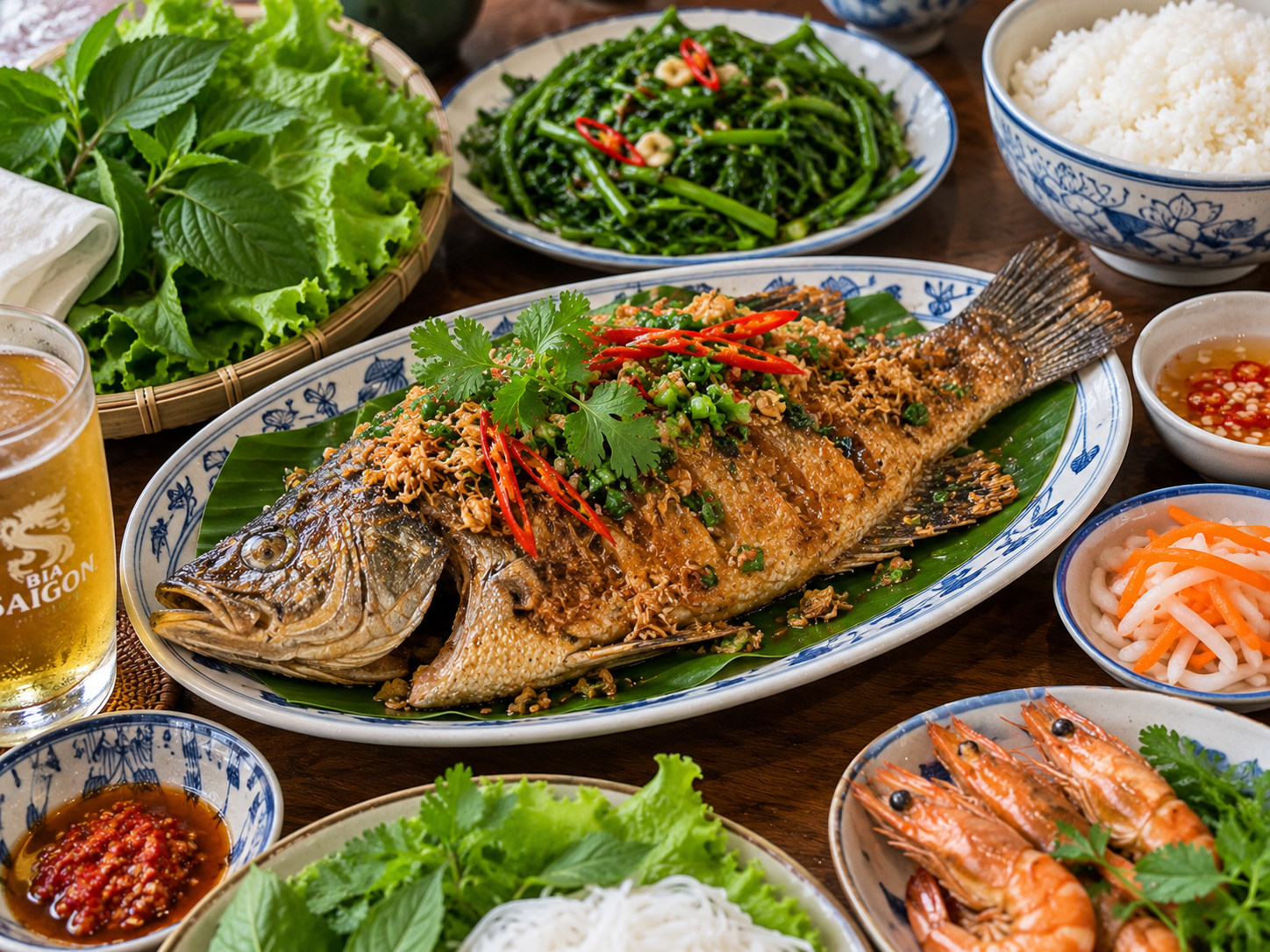 Whole fish served as part of a Vietnamese shared meal