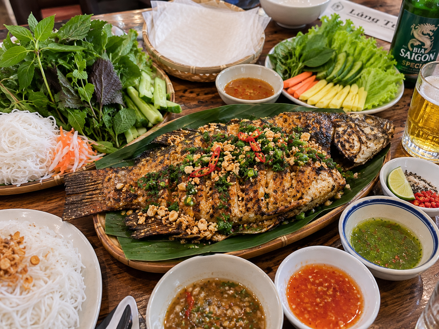 Whole grilled fish served at a Vietnamese shared meal